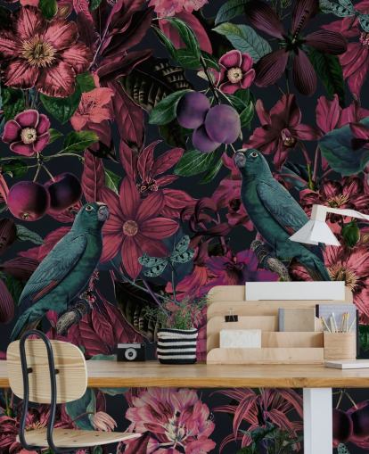 dark pink florals and green birds wallpaper