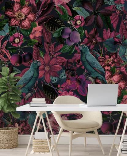 dark pink florals and green birds wallpaper