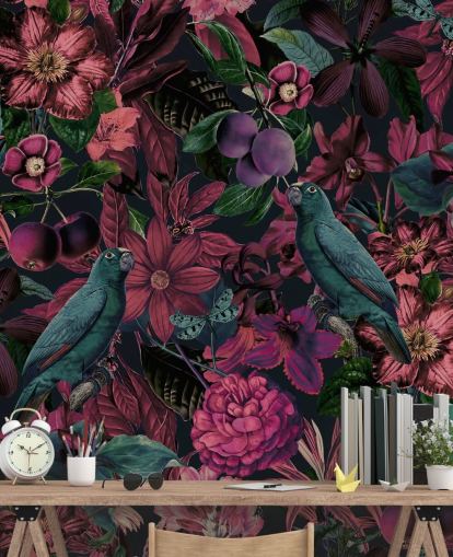 mørk rosa blomster og grønne fugler tapet mørk rosa blomster og grønne fugler tapet