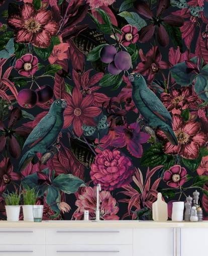 dark pink florals and green birds wallpaper dark pink florals and green birds wallpaper