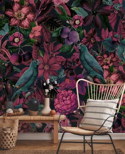 papier peint fleurs rose foncé et oiseaux verts papier peint fleurs rose foncé et oiseaux verts