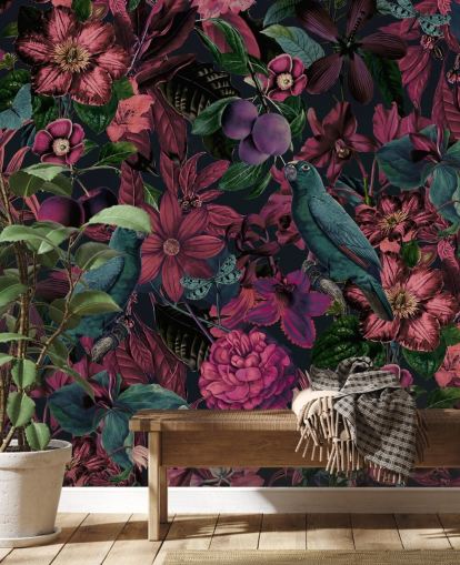 dark pink florals and green birds wallpaper dark pink florals and green birds wallpaper