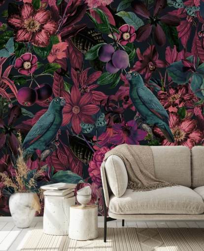 papel pintado flores rosa oscuro y pájaros verdes