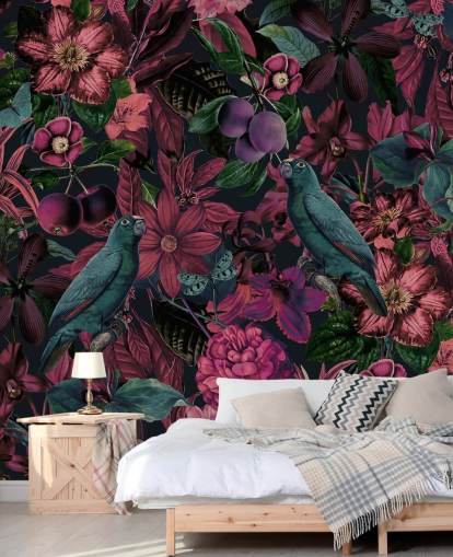 papel pintado flores rosa oscuro y pájaros verdes papel pintado flores rosa oscuro y pájaros verdes