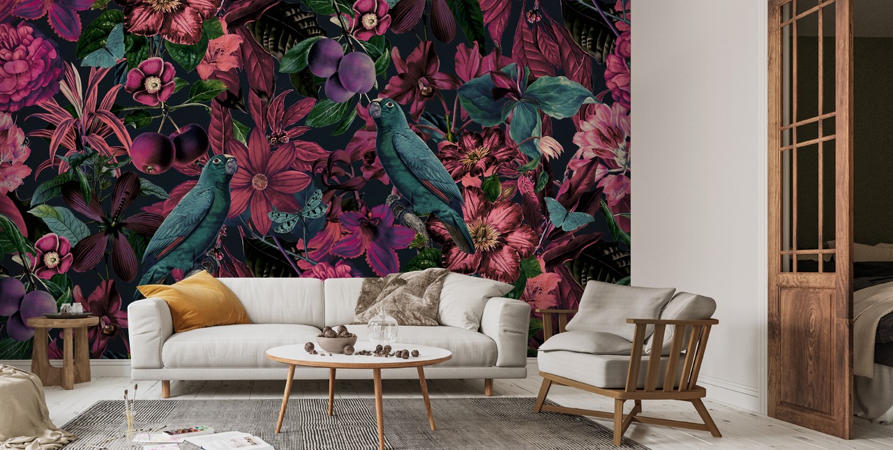 Visual Reference: Burgundy Jungle Birds Wall Mural