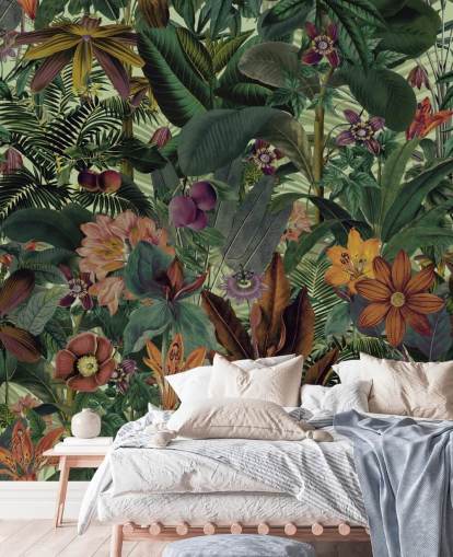 papel de parede verde escuro e terracota jungle