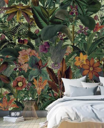 donkergroen en terracotta junglebehang