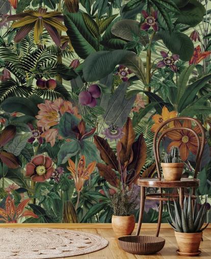 dark green and terracotta jungle wallpaper