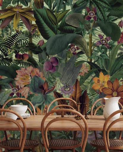 papel de parede verde escuro e terracota jungle