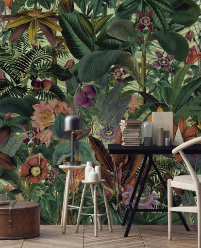 dark green and terracotta jungle wallpaper