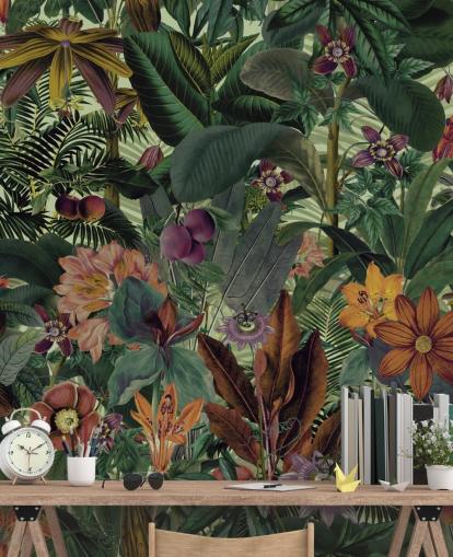 dark green and terracotta jungle wallpaper