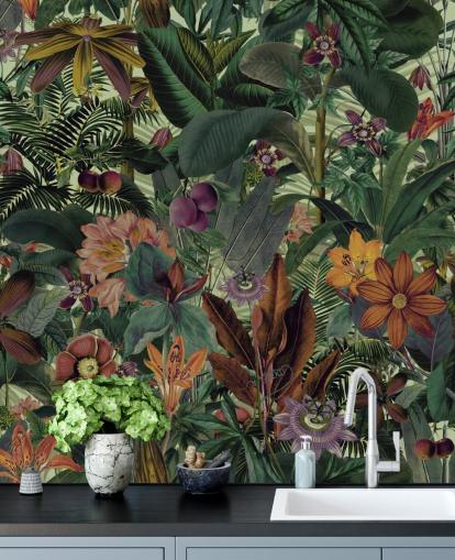 dark green and terracotta jungle wallpaper