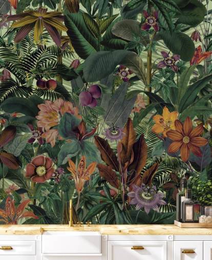 dark green and terracotta jungle wallpaper