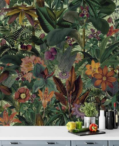 papel de parede verde escuro e terracota jungle