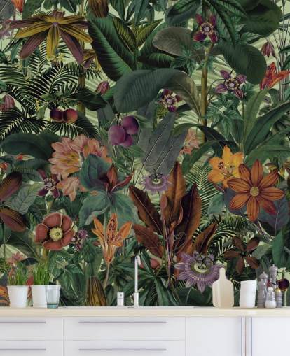 donkergroen en terracotta junglebehang