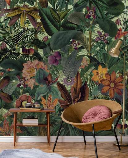 dark green and terracotta jungle wallpaper