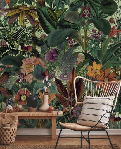 papier peint jungle vert foncé et terre cuite