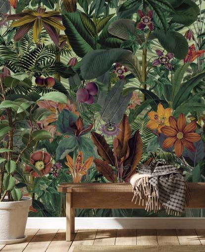 papel pintado selva verde oscuro y terracota