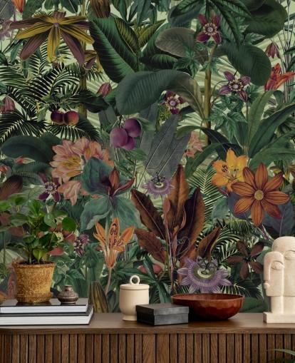 papel pintado selva verde oscuro y terracota