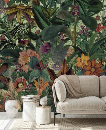 donkergroen en terracotta junglebehang