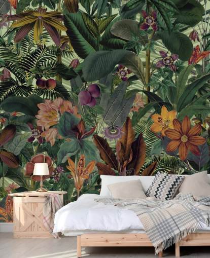 dark green and terracotta jungle wallpaper