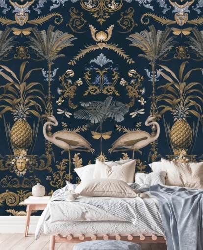 mural de papel de parede em ouro latão e azul marinho escuro chamado Ornamental Flamingo Blue para salas de estar mural de papel de parede em ouro latão e azul marinho escuro chamado Ornamental Flamingo Blue para salas de estar