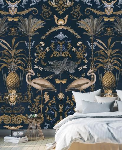 carta da parati murale in oro ottonato e blu scuro chiamato Ornamental Flamingo Blue per salotti