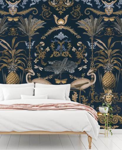 brassy gold and dark navy wallpaper mural called Ornamental Flamingo Blue for living rooms