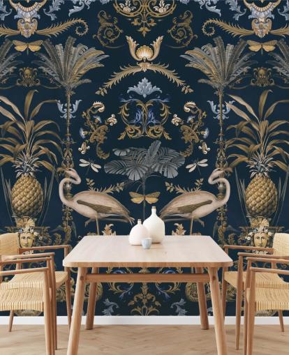 carta da parati murale in oro ottonato e blu scuro chiamato Ornamental Flamingo Blue per salotti carta da parati murale in oro ottonato e blu scuro chiamato Ornamental Flamingo Blue per salotti