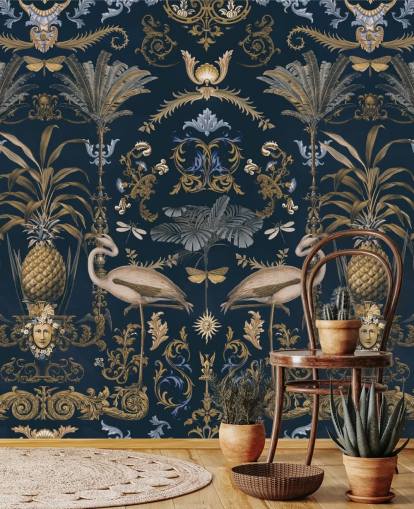 koperkleurige gouden en donkerblauwe behangmuurschildering genaamd Ornamental Flamingo Blue voor woonkamers