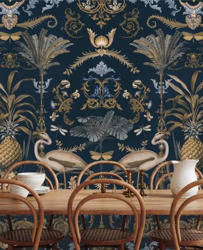 mural de papel de parede em ouro latão e azul marinho escuro chamado Ornamental Flamingo Blue para salas de estar