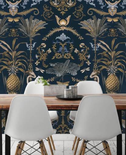 brassy gold and dark navy wallpaper mural called Ornamental Flamingo Blue for living rooms