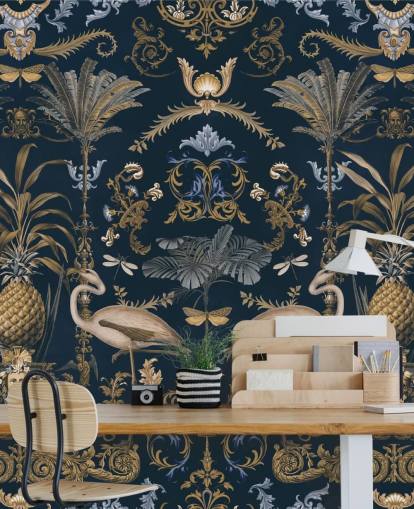 mural de papel pintado dorado cobrizo y azul marino oscuro llamado Ornamental Flamingo Blue para salas de estar