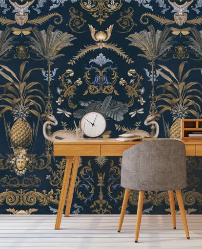 messinkikulta ja tumma laivastonsininen taustakuvamaalaus nimeltä Ornamental Flamingo Blue olohuoneisiin