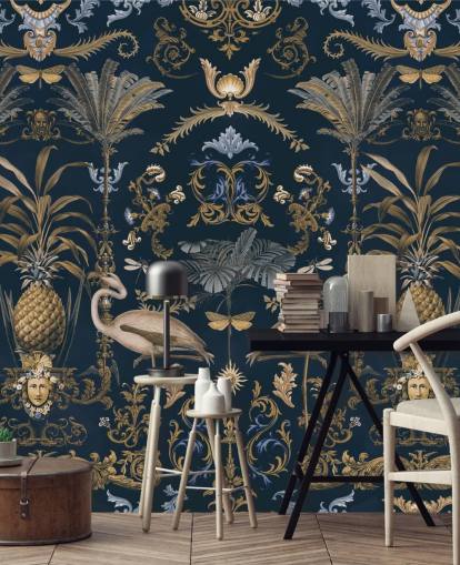 papier peint mural doré et bleu marine foncé appelé Ornamental Flamingo Blue pour les salons