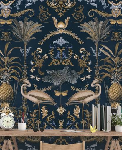 brassy gold and dark navy wallpaper mural called Ornamental Flamingo Blue for living rooms