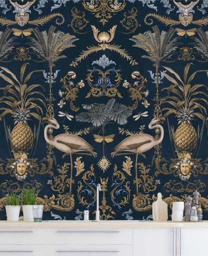 mural de papel de parede em ouro latão e azul marinho escuro chamado Ornamental Flamingo Blue para salas de estar