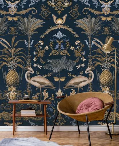 mural de papel pintado dorado cobrizo y azul marino oscuro llamado Ornamental Flamingo Blue para salas de estar