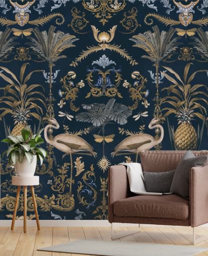 koperkleurige gouden en donkerblauwe behangmuurschildering genaamd Ornamental Flamingo Blue voor woonkamers koperkleurige gouden en donkerblauwe behangmuurschildering genaamd Ornamental Flamingo Blue voor woonkamers