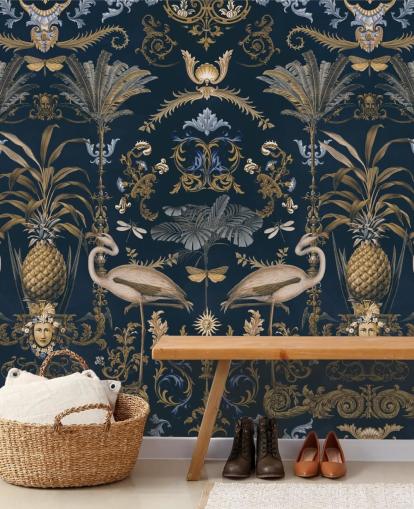 mural de papel de parede em ouro latão e azul marinho escuro chamado Ornamental Flamingo Blue para salas de estar