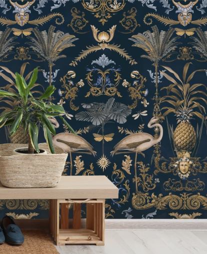 messingguld og mørk marineblå tapetmaleri kaldet Ornamental Flamingo Blue til stuer