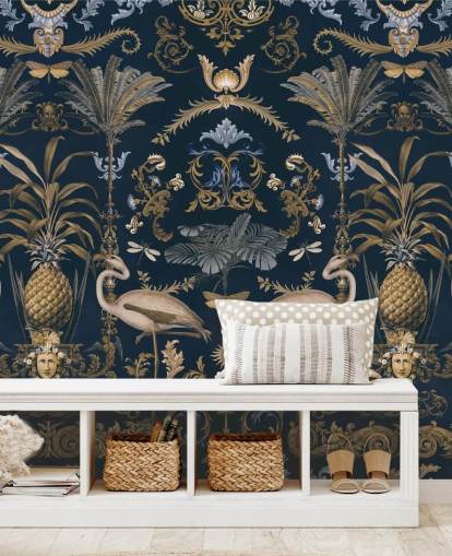 papier peint mural doré et bleu marine foncé appelé Ornamental Flamingo Blue pour les salons