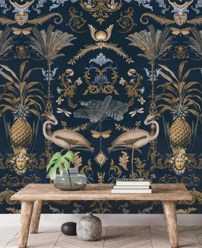 Tapeten-Wandbild aus Messinggold und dunklem Marineblau namens Ornamental Flamingo Blue für Wohnzimmer