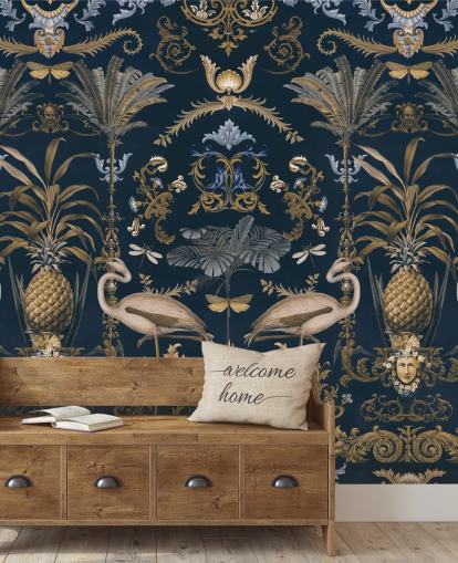 mural de papel pintado dorado cobrizo y azul marino oscuro llamado Ornamental Flamingo Blue para salas de estar mural de papel pintado dorado cobrizo y azul marino oscuro llamado Ornamental Flamingo Blue para salas de estar