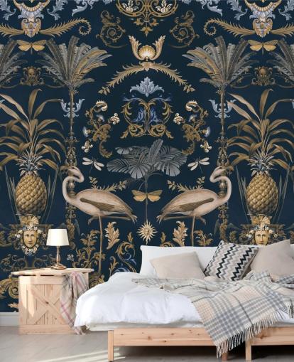 carta da parati murale in oro ottonato e blu scuro chiamato Ornamental Flamingo Blue per salotti