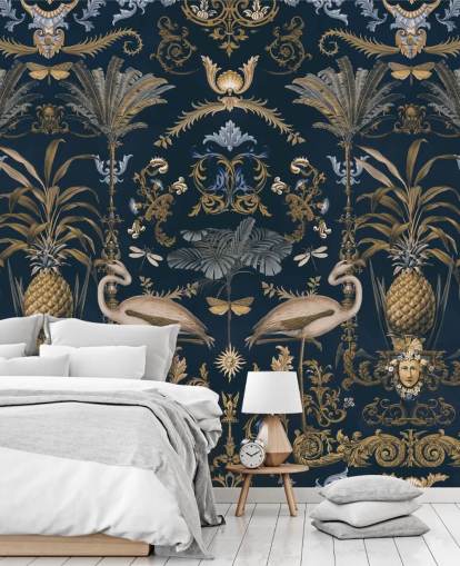 brassy gold and dark navy wallpaper mural called Ornamental Flamingo Blue for living rooms