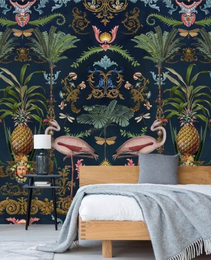 Tapeten-Wandbild mit marineblauen Flamingos und Ananas namens Ornamental Flamingo von Andrea Haase für Schlafzimmer