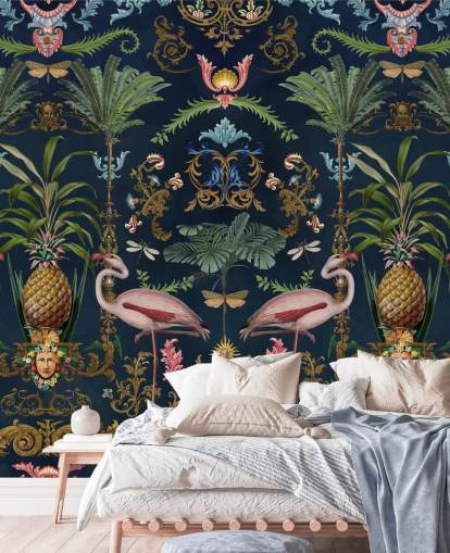 navy flamingos and pineapple wallpaper mural called Ornamental Flamingo by Andrea Haase for bedrooms