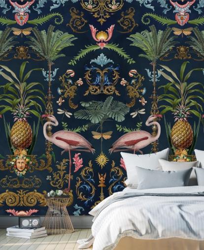 marineblå flamingoer og ananas tapetmaleri kaldet Ornamental Flamingo af Andrea Haase til soveværelser