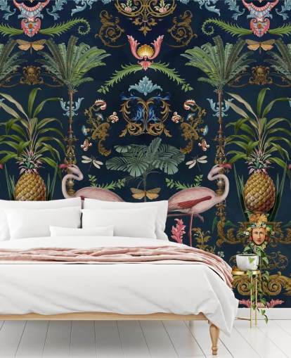 navy flamingos and pineapple wallpaper mural called Ornamental Flamingo by Andrea Haase for bedrooms navy flamingos and pineapple wallpaper mural called Ornamental Flamingo by Andrea Haase for bedrooms